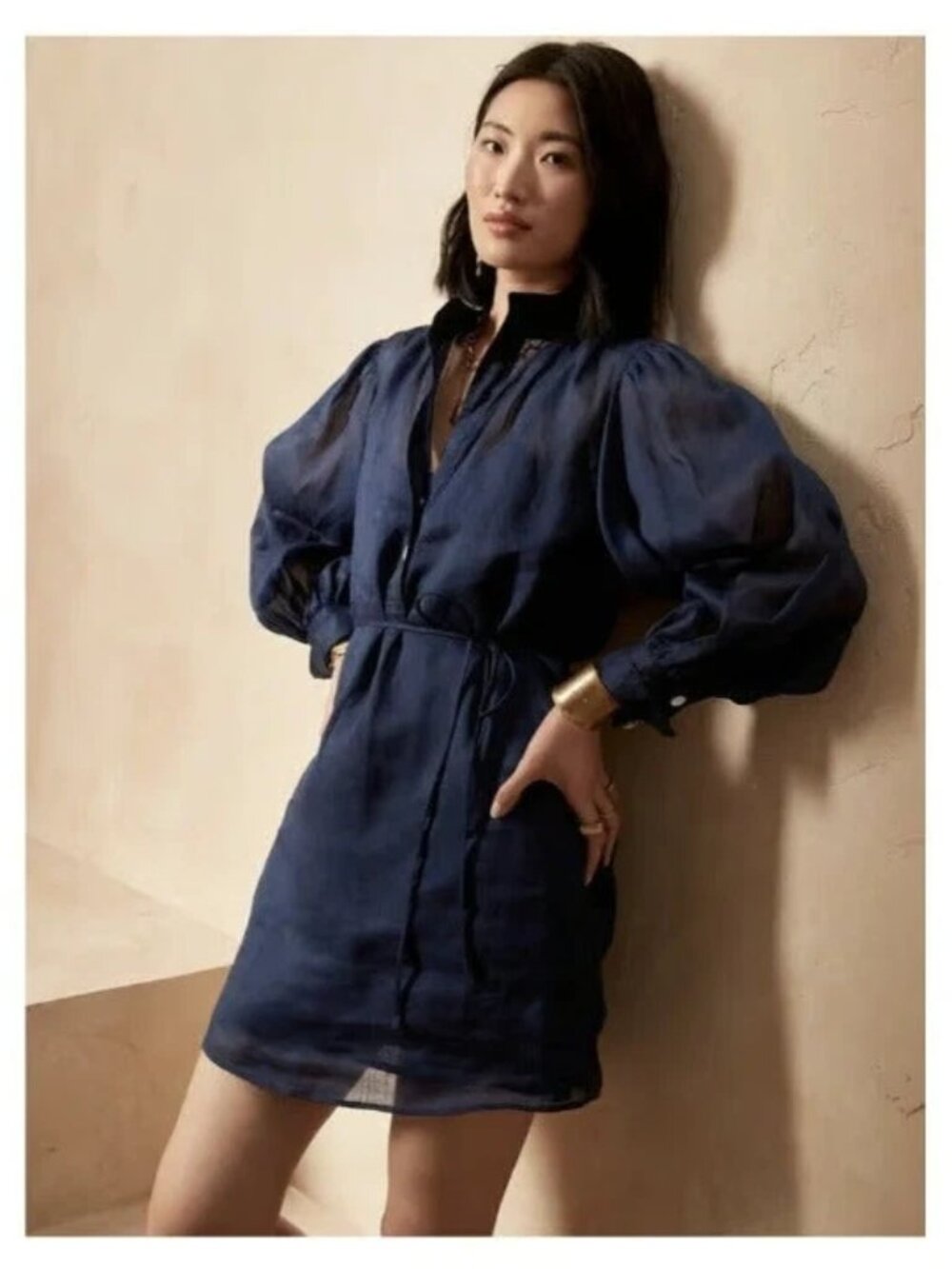 BANANA REPUBLIC Navy Ramie Popover Shirt Dress Voluminous Sleeves Size S
